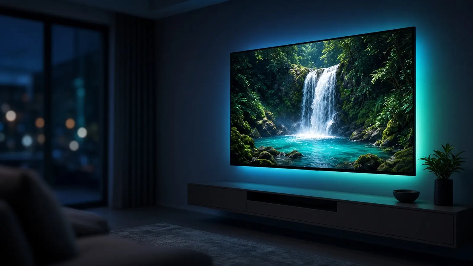 Sala de estar escura com uma Smart TV grande mostrando uma paisagem nítida e colorida, iluminada por luzes suaves verdes e azuis