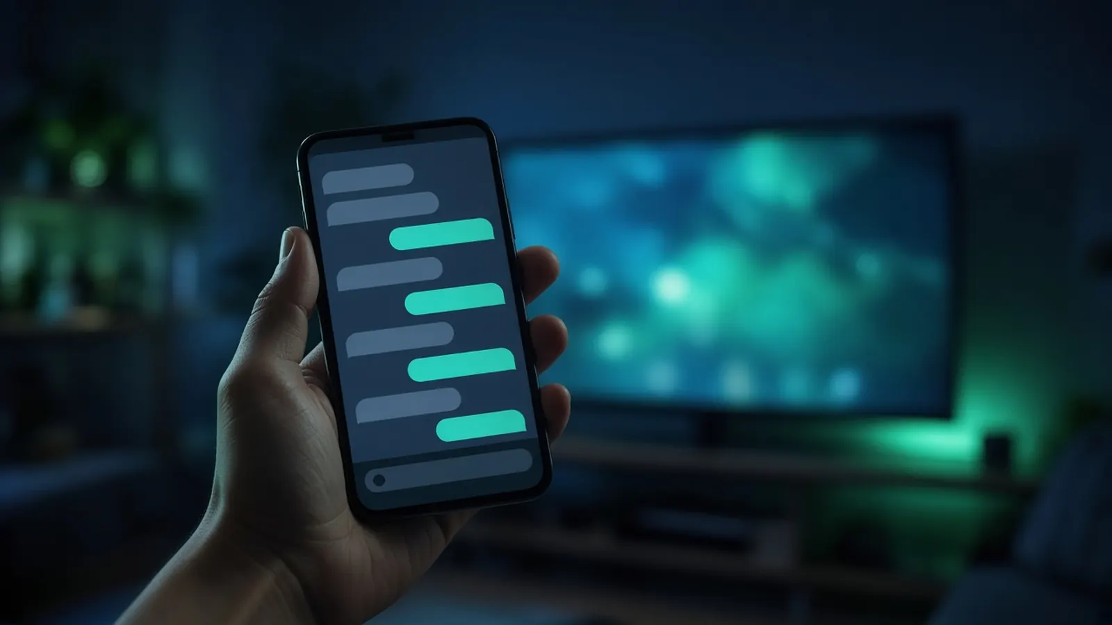 Mão segurando um celular com uma conversa no WhatsApp, em frente a uma TV ligada em uma sala escura