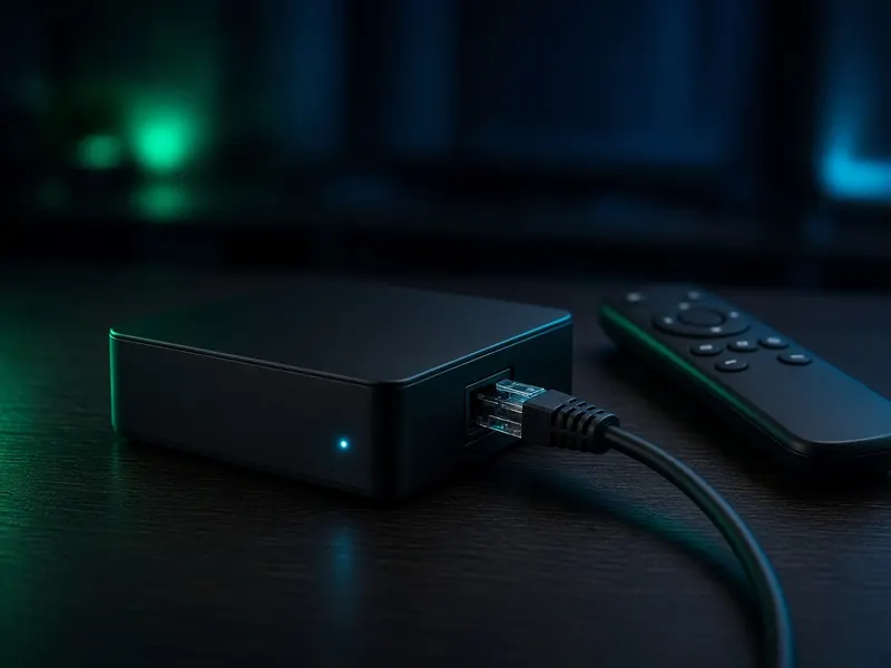 TV Box compacta preta com luz verde acesa, cabo HDMI e controle remoto sobre um rack
